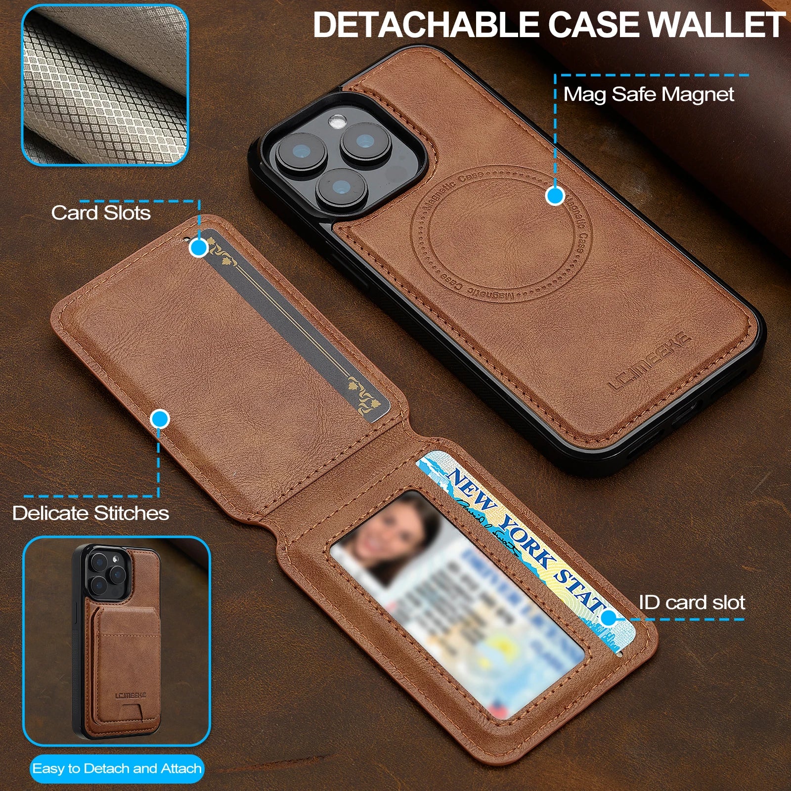 2 in 1 Detachable Leather iPhone Case with Card Pocket - Magnetic Cover for iPhone 17 pro Max 17 Air 15 14 13 12 11 pro Max