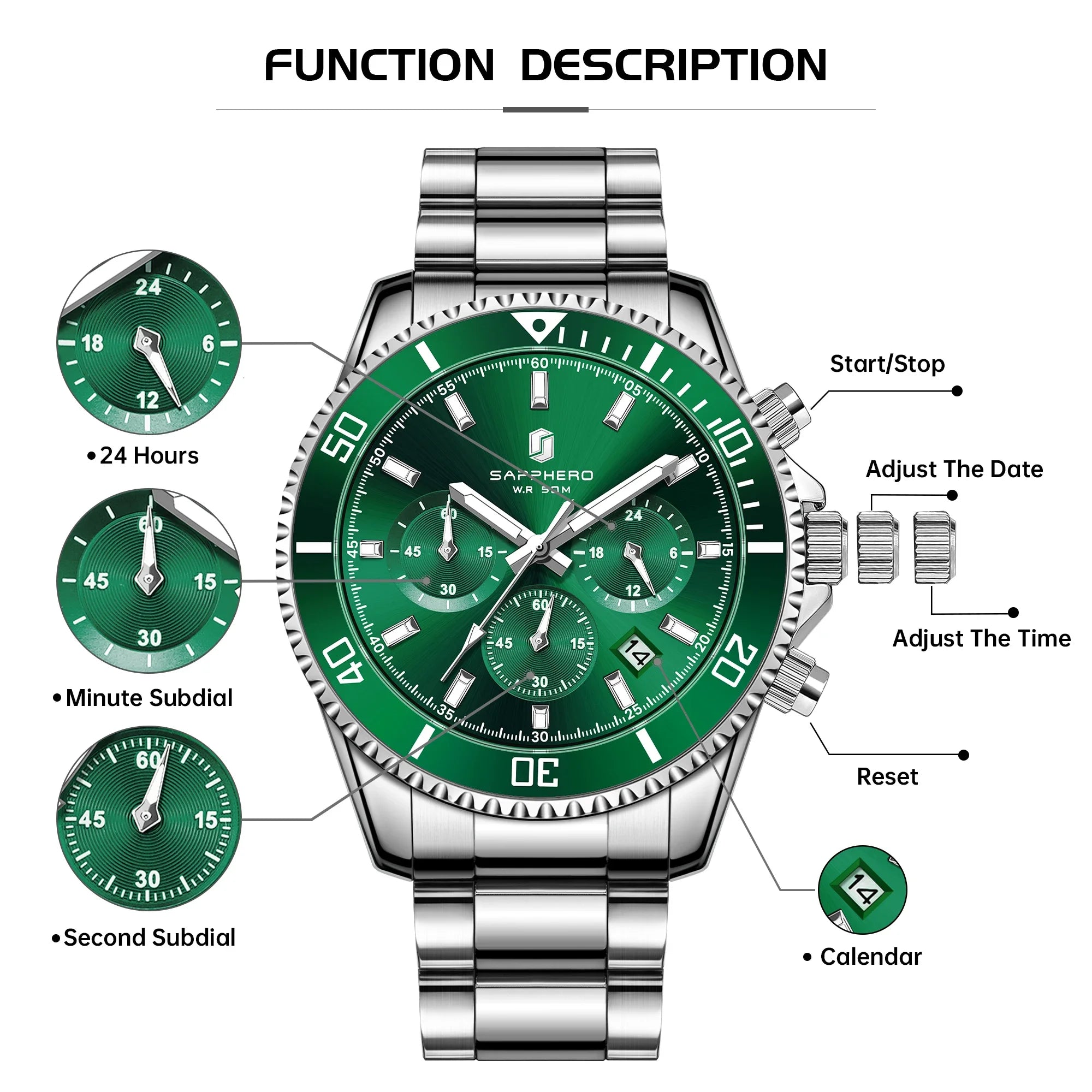 SAPPHERO Men’s Quartz Watch Luxury Chronograph Sport Wristwatch Stainless Steel Waterproof 50M Date Luminous Business Watch mbzr