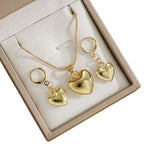 Minimalist Puffy Heart Jewelry Set, Rose Gold Snake Chain Necklace & Heart Drop Earrings, Elegant Daily Wear Jewelry