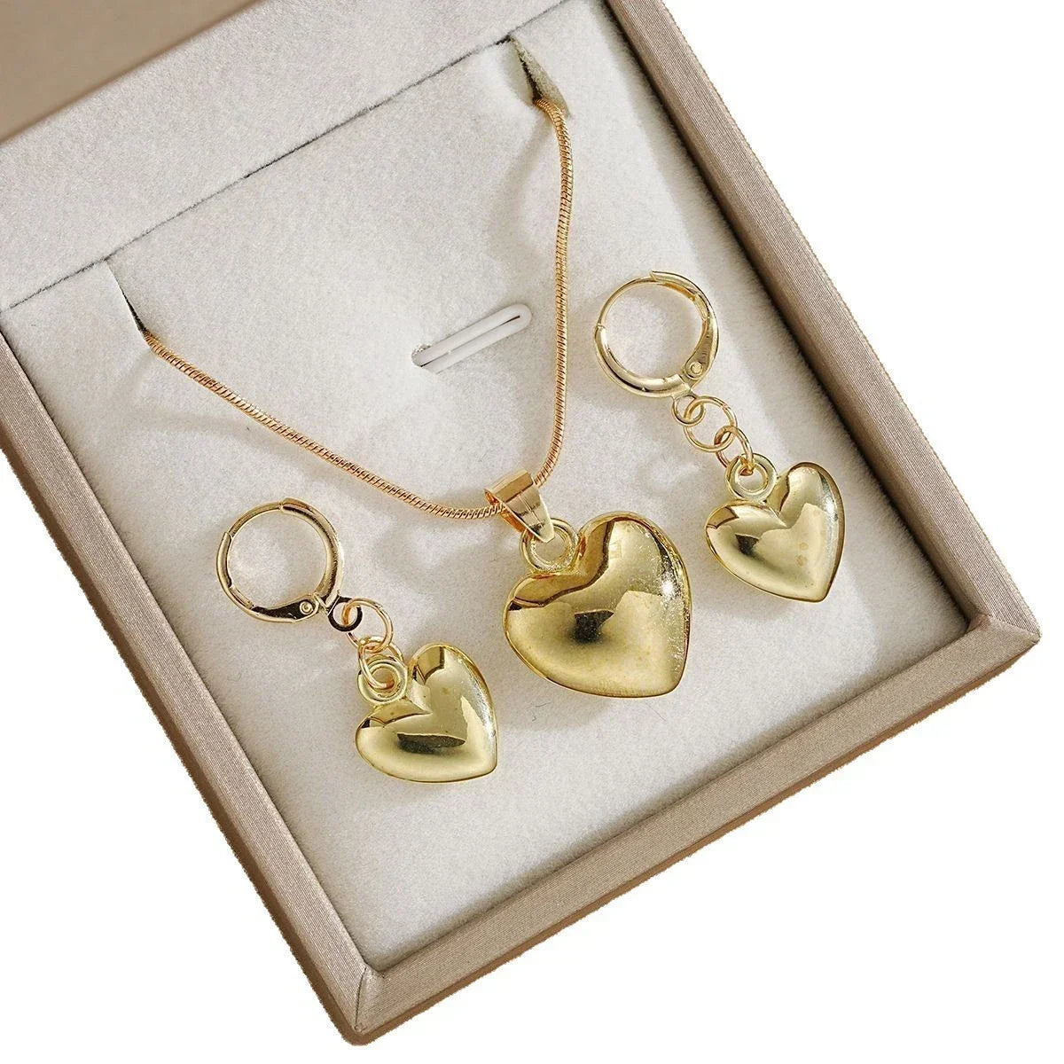 Minimalist Puffy Heart Jewelry Set, Rose Gold Snake Chain Necklace & Heart Drop Earrings, Elegant Daily Wear Jewelry