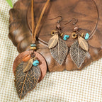 3 Pieces/set Bohemian Ethnic Style Carved Pattern Leaf Pendant Necklace Earrings Women's Retro Trendy Holiday Accessories Gift