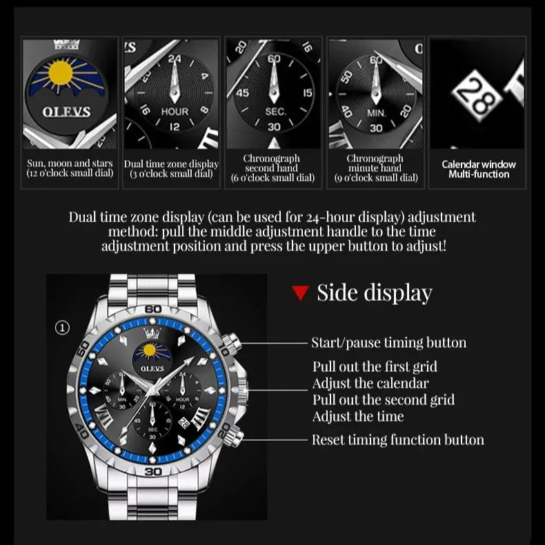OLEVS Fashion Brand Men's Watch Waterproof and Luminous Calendar Lunar Phase Timing Code Watch Luxury Sports Men's Quartz Watch mbzr