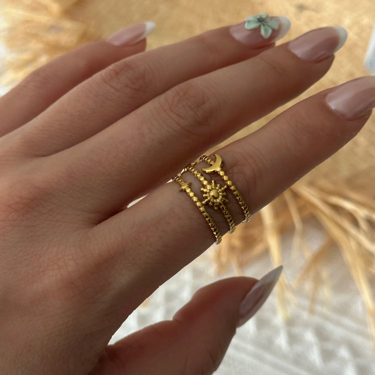 Stainless Steel Vintage Style Sun Eye Sapphire Open Ring French Hollow Star Moon Stacking Finger Rings