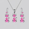 Silver Crystal Cat Pendant Necklace Huggie Earrings Set Women