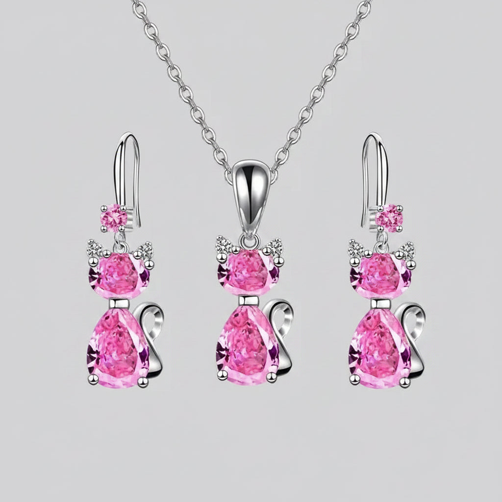 Silver Crystal Cat Pendant Necklace Huggie Earrings Set Women
