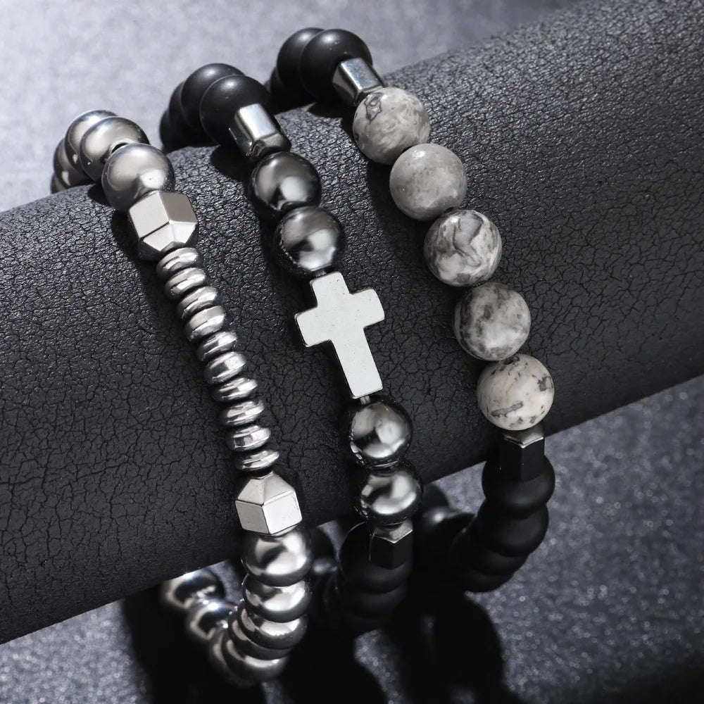 Women's UFO shaped cross black gallstone vintage bracelet with map stone   elastic cord   obsidian   luxury collectible