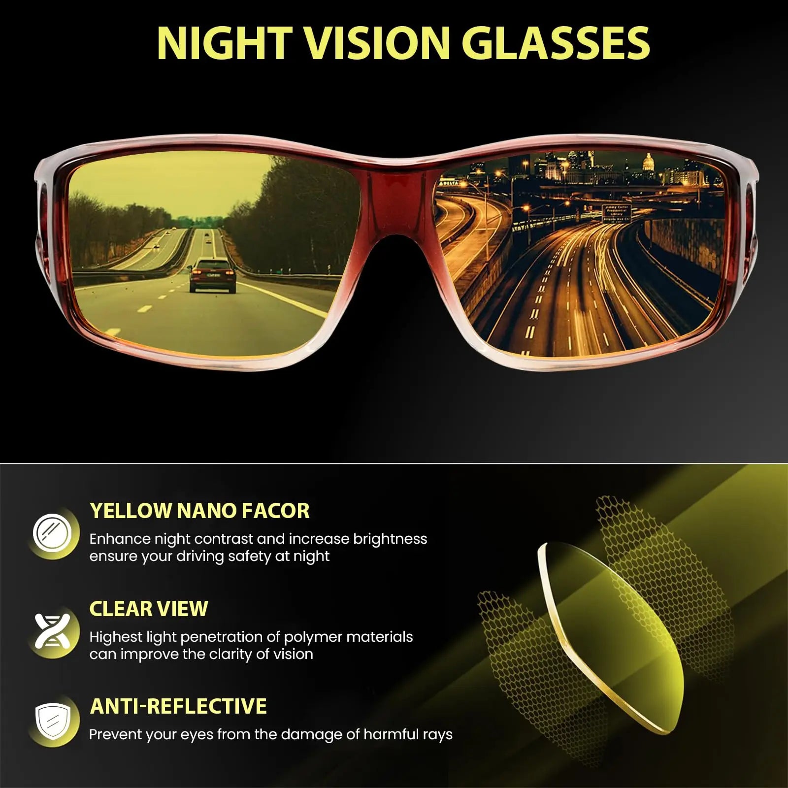 Night Driving Glasses for Men Women,Anti Glare Night Driving Glasses,Wrap-Around,Glare Guard Fit Over Glasses mbzr