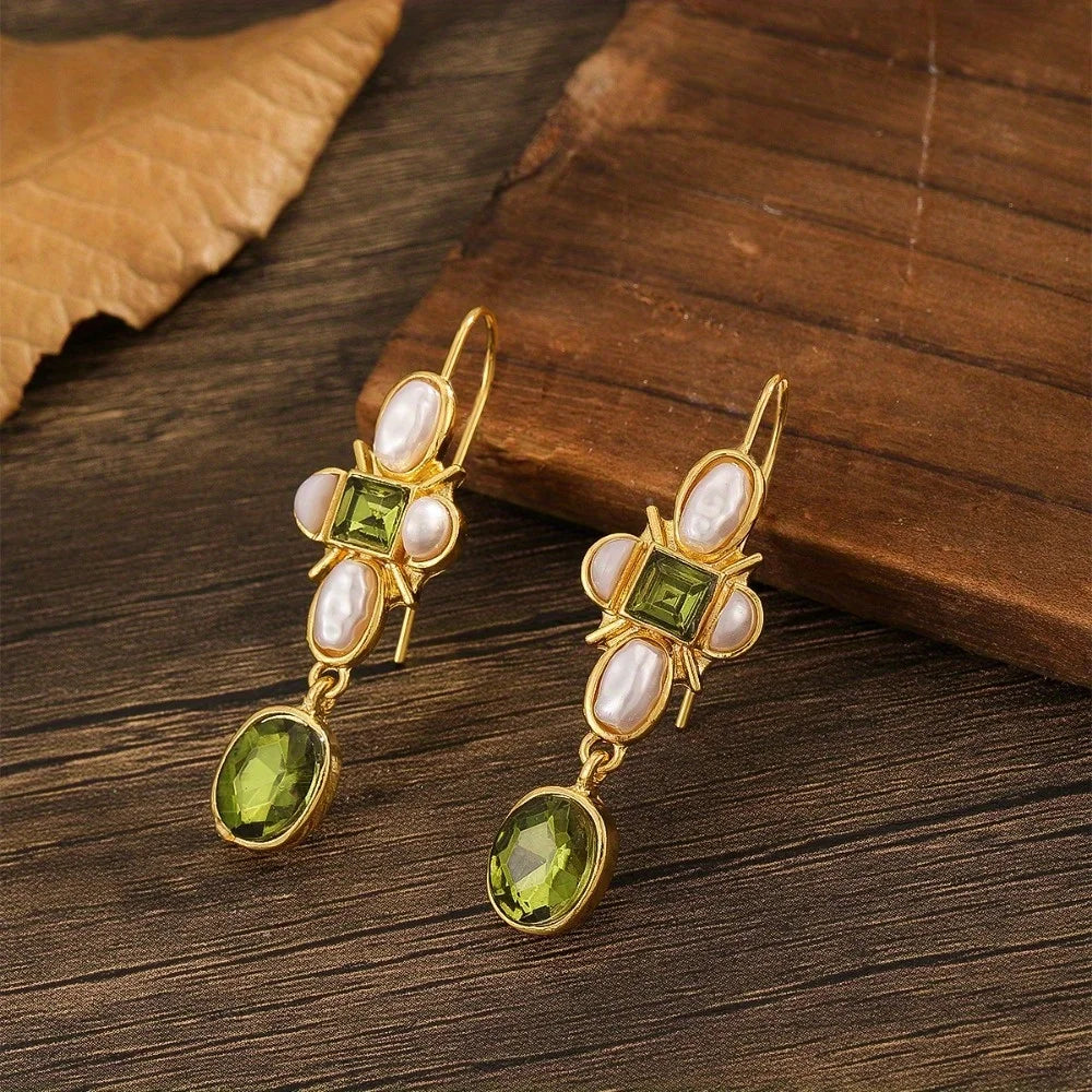 Dainty Green Peridot Pearl Cross Drop Earrings Trendy Gold Plated Oval Gemstone Ear Hook Earrings Minimalist Fine Jewelry Birthday Gift for Women
