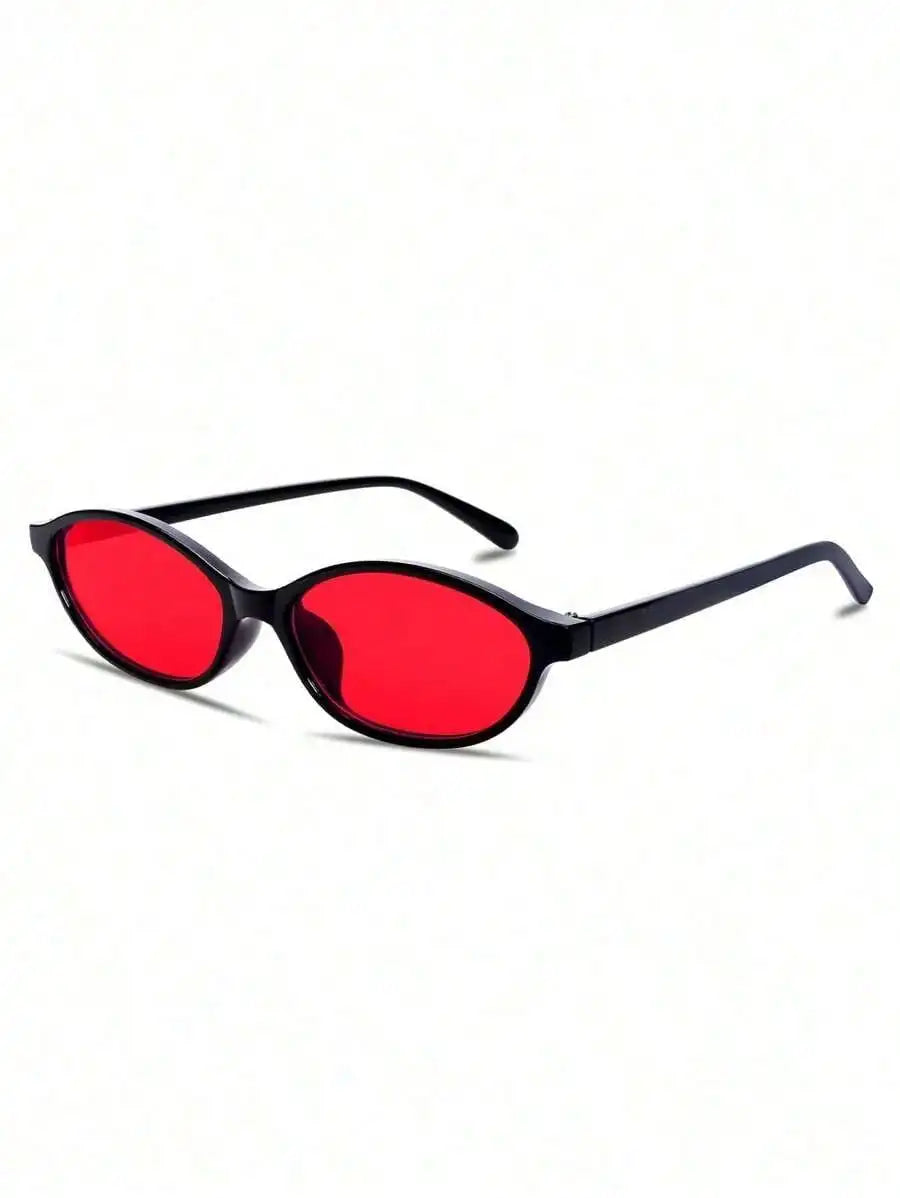 Pair Of Women's Classic Oval Fashion Eyewear, Glossy Black Full Rim Frame With Bold Red Tinted Lens, Retro Minimalist Design With Smooth Temples, Versatile Style, Suitable For Everyday, Work, Parties And All Looks mbzr