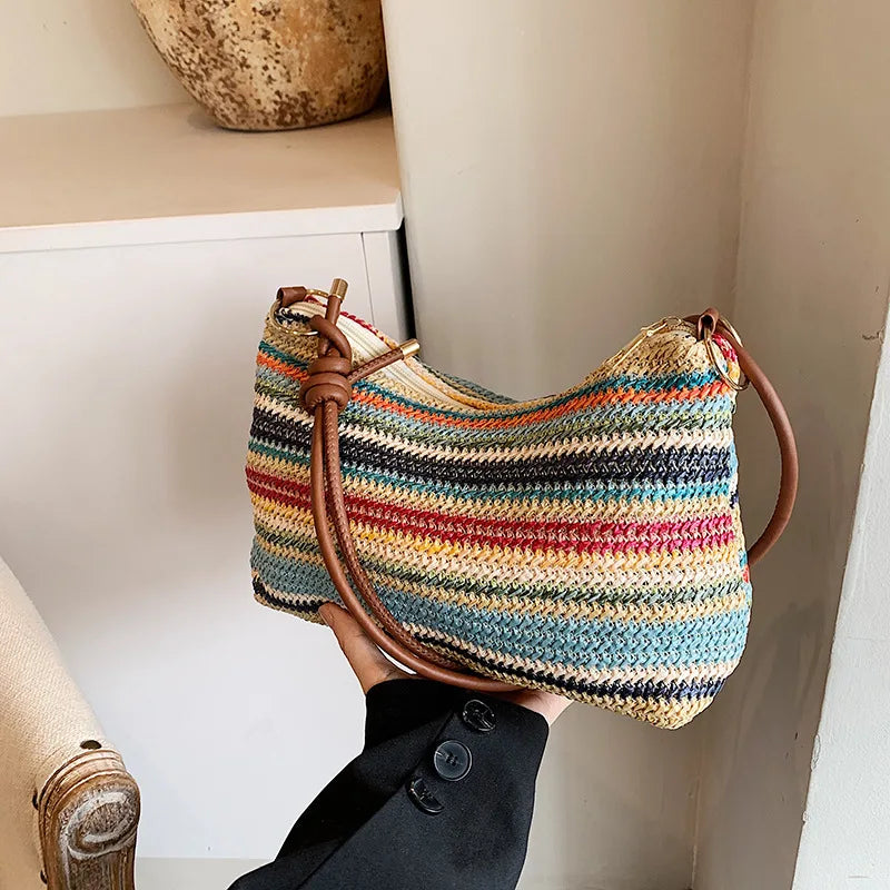 Women's Striped Woven Straw Tote Bag - Lightweight Large Capacity with Detachable Coin Purse & Zip Closure for Beach Vacation mbzr