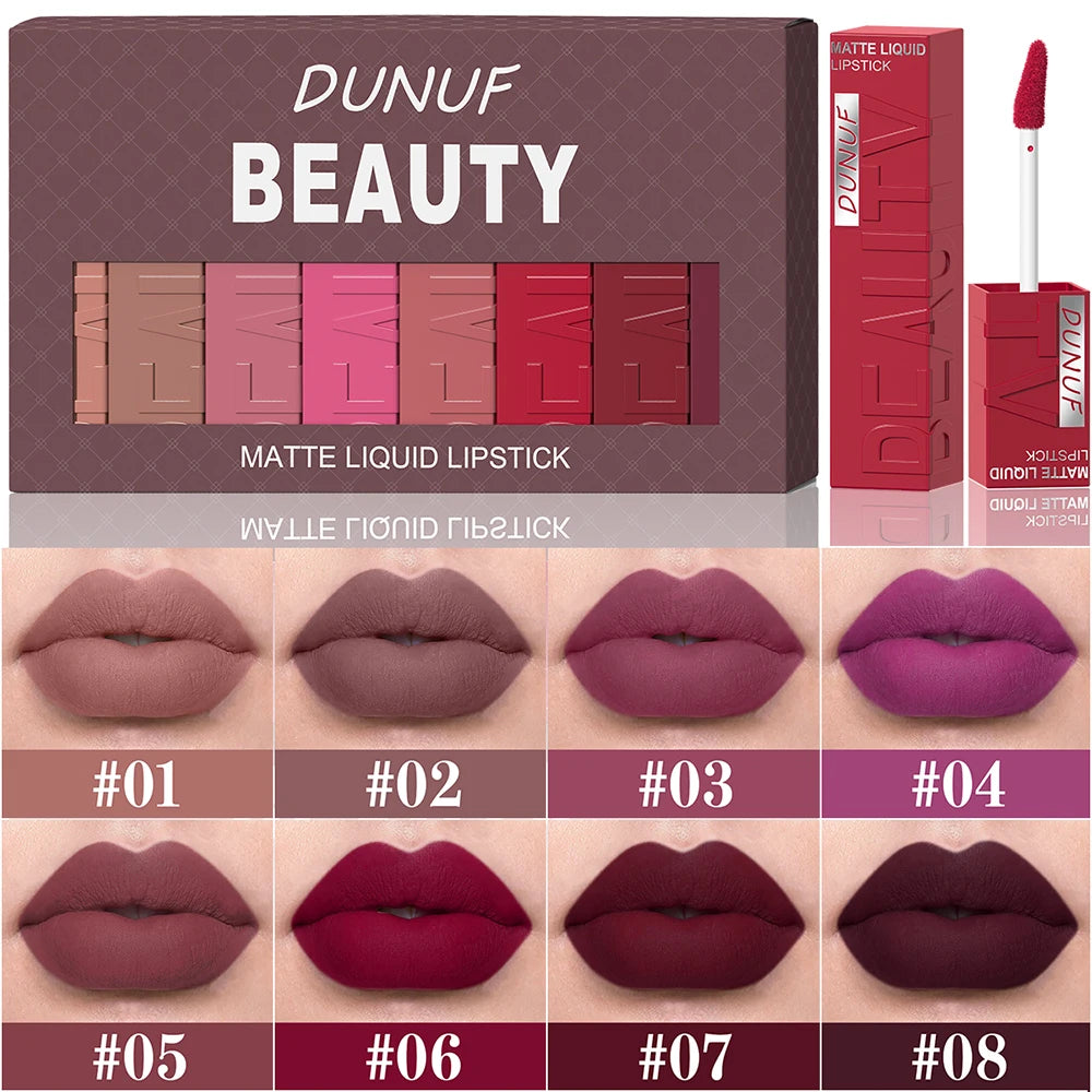 8pcs/set Matte Velvet Lip Gloss Lipstick Lip Stain Waterproof Non-transfer Highly Pigmented Nude Red Y2K Sexy Daily&Party Makeup mbzr