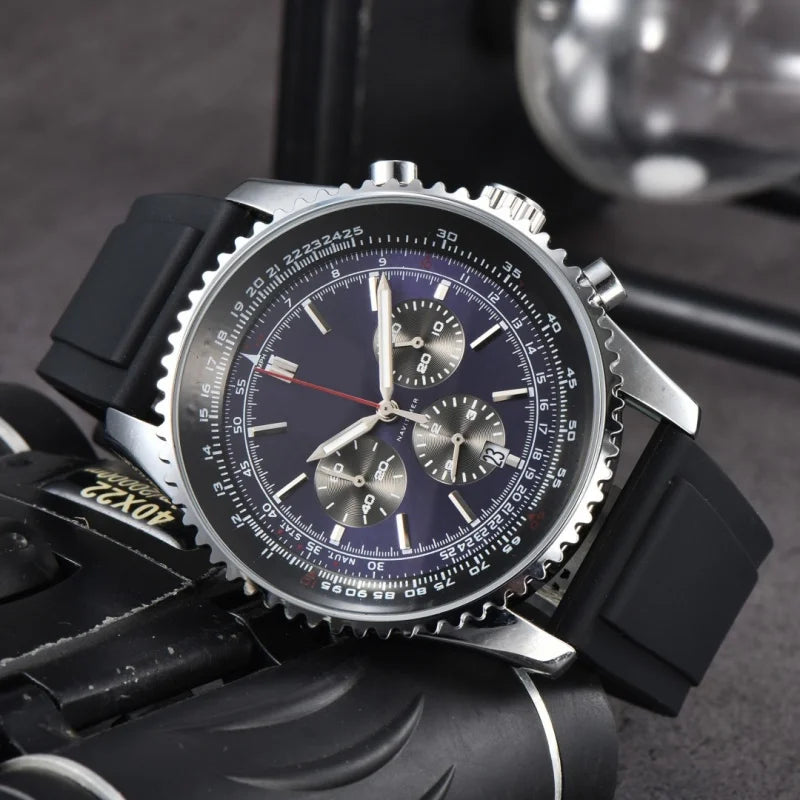 Men Quartz Chronograph Watch Silver Alloy Case Tachymeter Scale Bezel Date Display Soft Silicone Rubber Strap Sports Male Wrist Watch