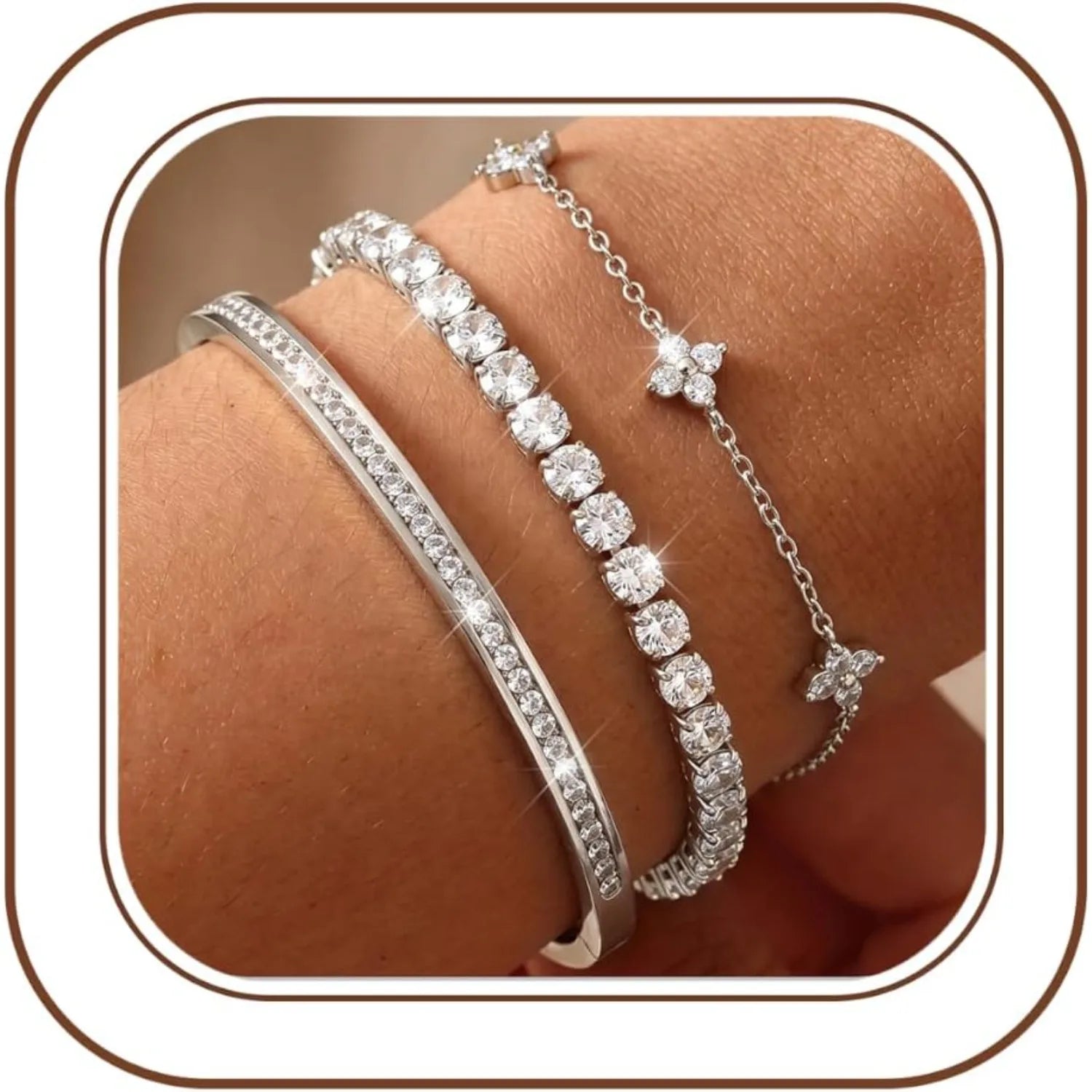 3PC Stackable Bracelet Set for Women Adjustable 14K Gold-Plated & Silver Stainless Steel Tennis Bracelets with Cubic Zirconia, Fashion Accessories for Women Daily Wear