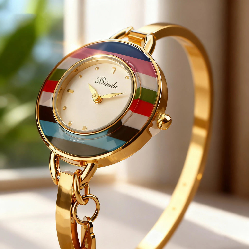 Binda Women’s Elegant Waterproof Quartz Watch – Rainbow Gold Stainless Steel Bracelet, Round Delicate Dial mbzr
