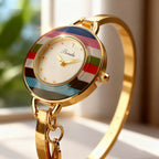 Binda Women’s Elegant Waterproof Quartz Watch – Rainbow Gold Stainless Steel Bracelet, Round Delicate Dial