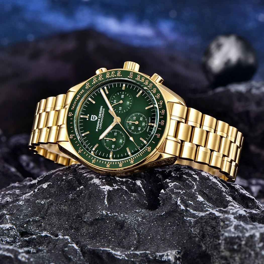 New Classic Men Watch PAGANI DESIGN Golden Green Luxury Quartz Watch For Men Automatic Date Speed Sport Chronograph AR Sapphire crystal Wristwatch Men Local Shipping