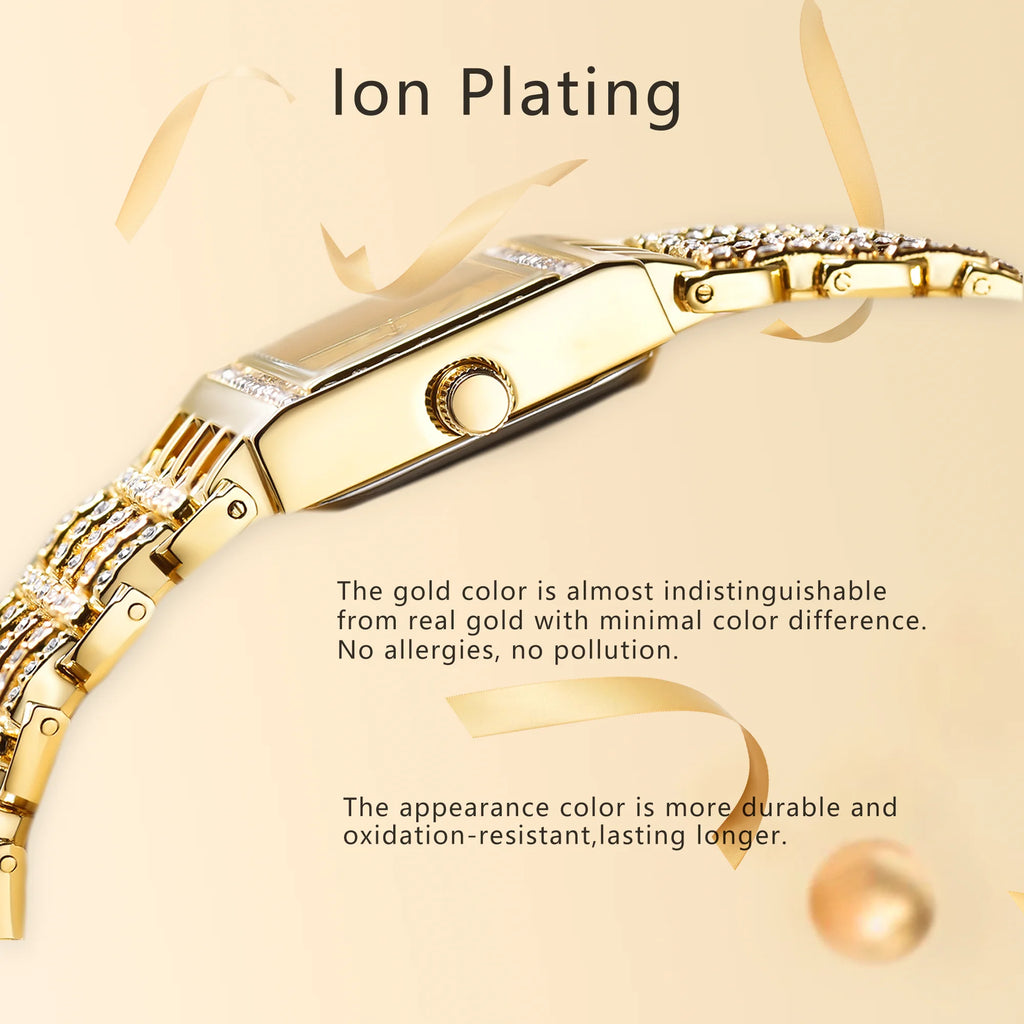 Gold Rectangle Women Watch Full Rhinestone Bezel Wide Hollow Link Bracelet Luxury Bling White Dial Fashion Ladies Quartz Dress Wristwatch For Party Wedding