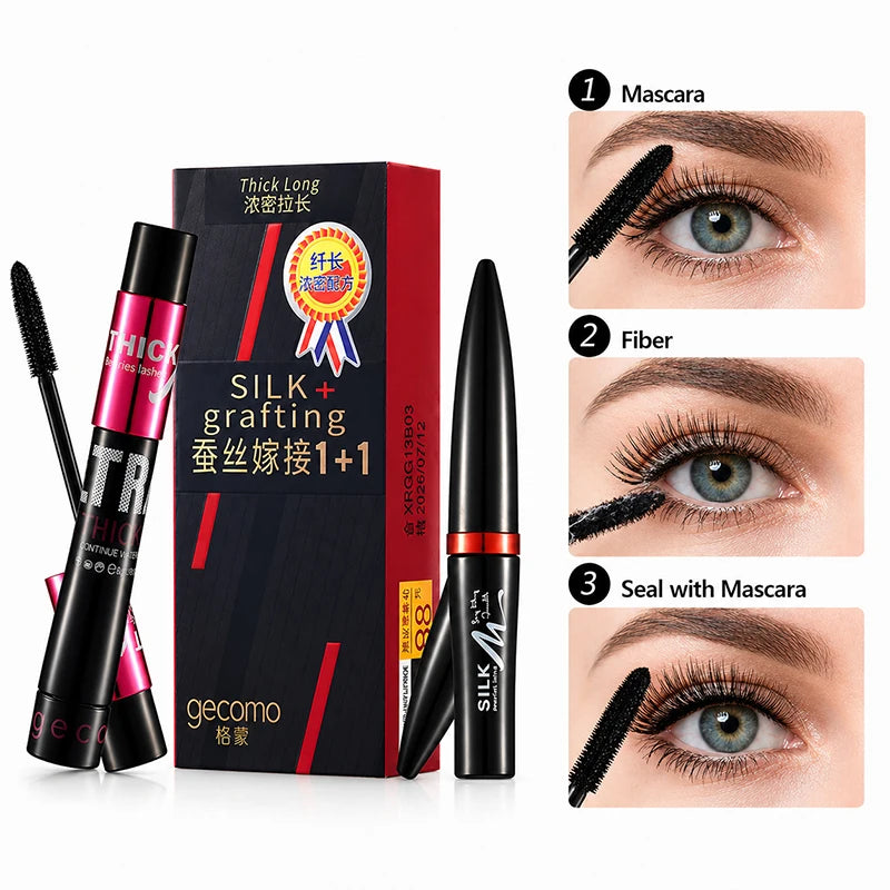 2-Step Mascara & Fiber Lash Extension Set, Lengthening Volumizing Waterproof Curling Mascara, Smudge-Proof Eye Makeup mbzr