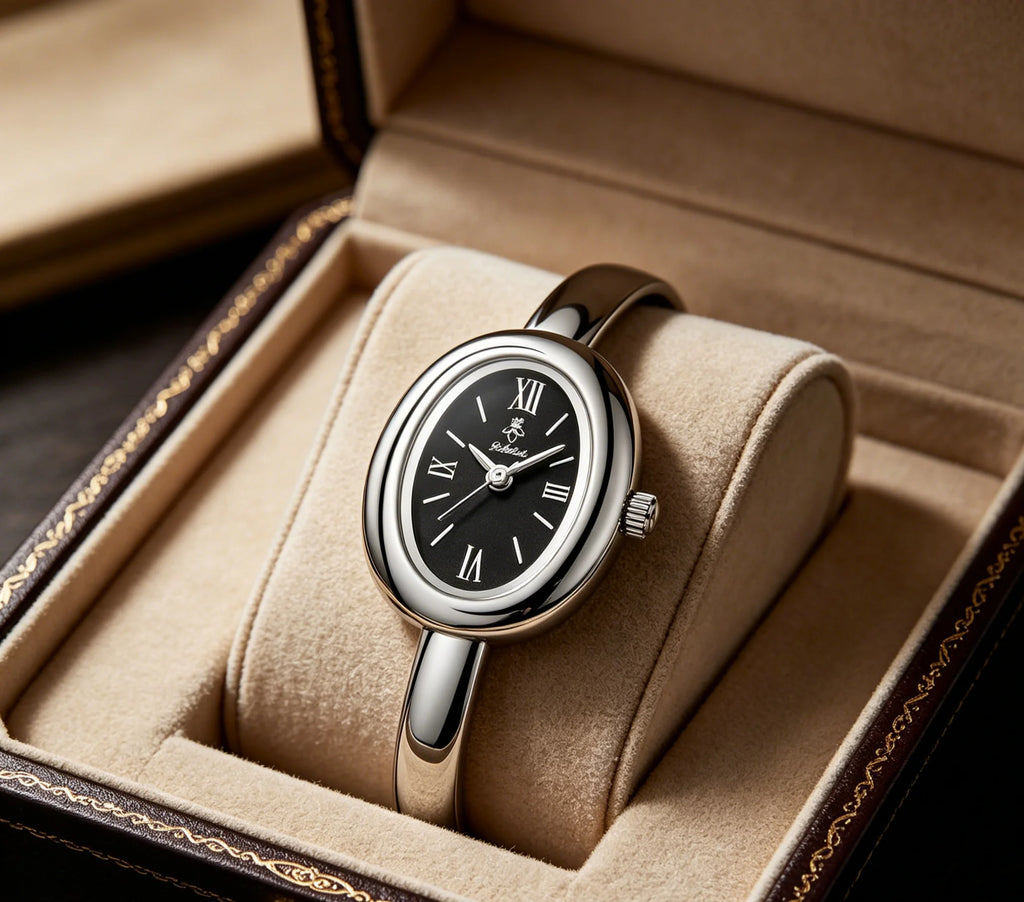 YaLaLuSi Vintage Silver Ladies Oval Wristwatch Classic Roman Scale Solid Open Cuff Band Glossy Black Dial Fashion Quartz Watch For Daily Work Casual Outfits