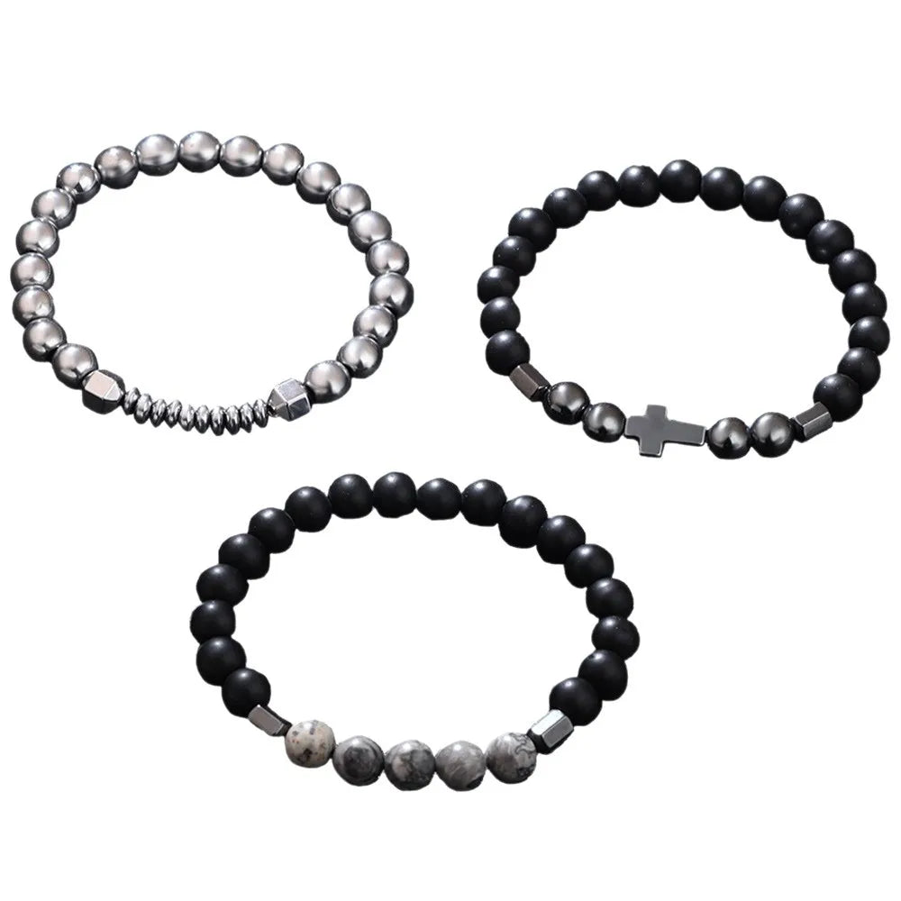 Women's UFO shaped cross black gallstone vintage bracelet with map stone   elastic cord   obsidian   luxury collectible