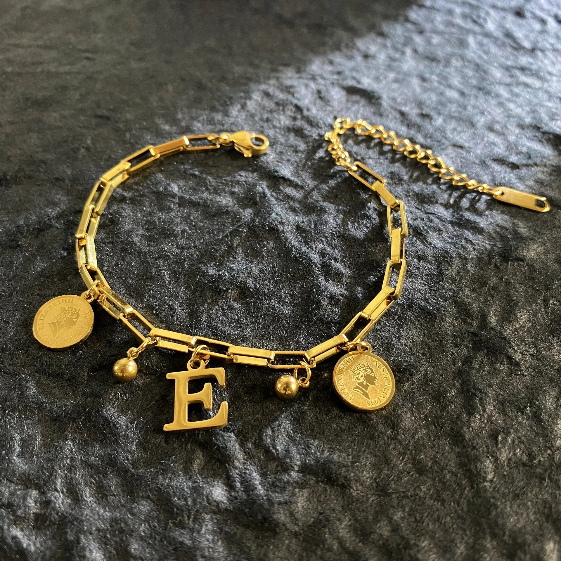 1pc Queen Coin Letter plated Stainless Steel Bracelet for Women Small Bell Pendant Adjustable Bracelet Classic Jewelry Gift