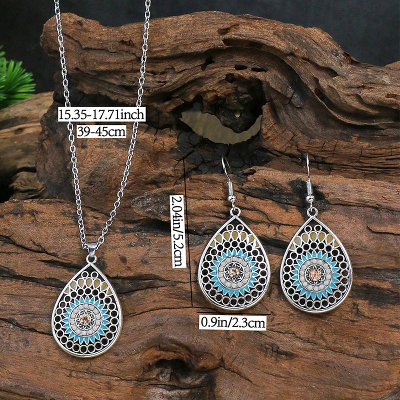 Vintage Bohemian Hollow Round Geometric Necklace Earrings Set for Women Indian Jewelry Ethnic Bule Beads Pendant Jewelry Sets mbzr