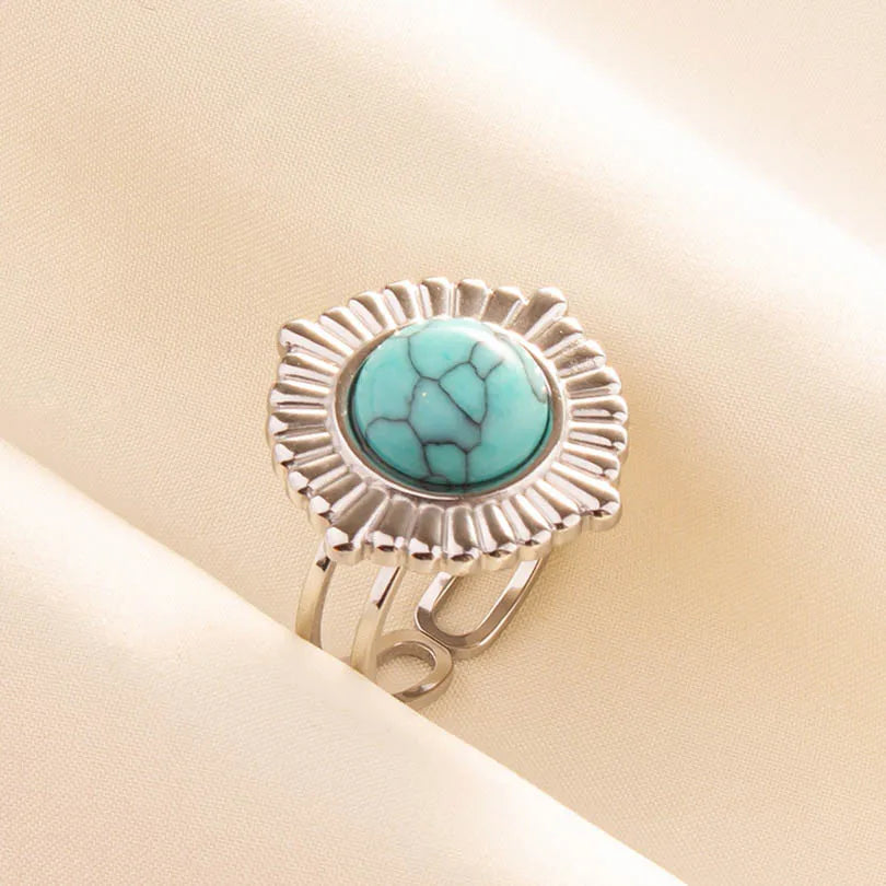 1pc Stainless Steel Boho Turquoise Open Finger Rings Trendy Adjustable Women Multi Layers Stackable