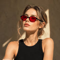 Pair Of Women's Classic Oval Fashion Eyewear, Glossy Black Full Rim Frame With Bold Red Tinted Lens, Retro Minimalist Design With Smooth Temples, Versatile Style, Suitable For Everyday, Work, Parties And All Looks mbzr