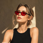 Pair Of Women's Classic Oval Fashion Eyewear, Glossy Black Full Rim Frame With Bold Red Tinted Lens, Retro Minimalist Design With Smooth Temples, Versatile Style, Suitable For Everyday, Work, Parties And All Looks mbzr