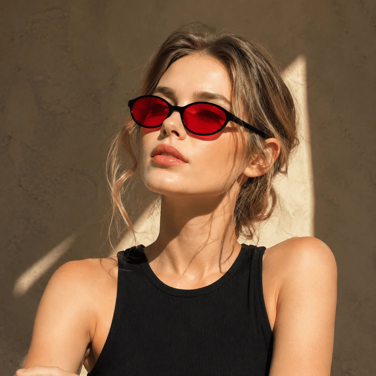 Pair Of Women's Classic Oval Fashion Eyewear, Glossy Black Full Rim Frame With Bold Red Tinted Lens, Retro Minimalist Design With Smooth Temples, Versatile Style, Suitable For Everyday, Work, Parties And All Looks mbzr