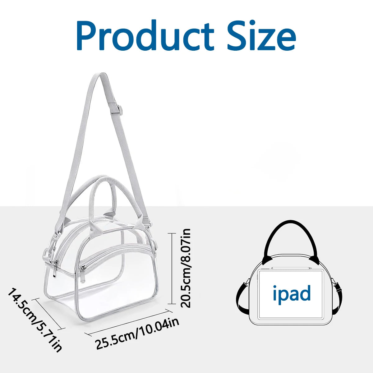 Transparent non insulated lunch bag with adjustable shoulder straps, suitable for work, picnic, travel, concerts, sports