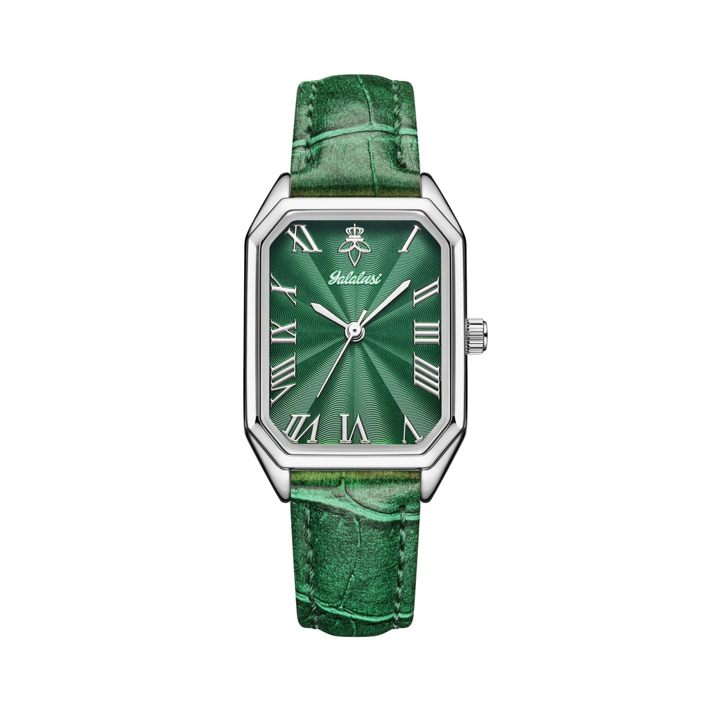 YaLaLuSi Vintage Gold Ladies Watch Irregular Octagon Rectangle Emerald Green Dial Croc Embossed Leather Band Elegant Roman Scale Quartz Wristwatch For Women