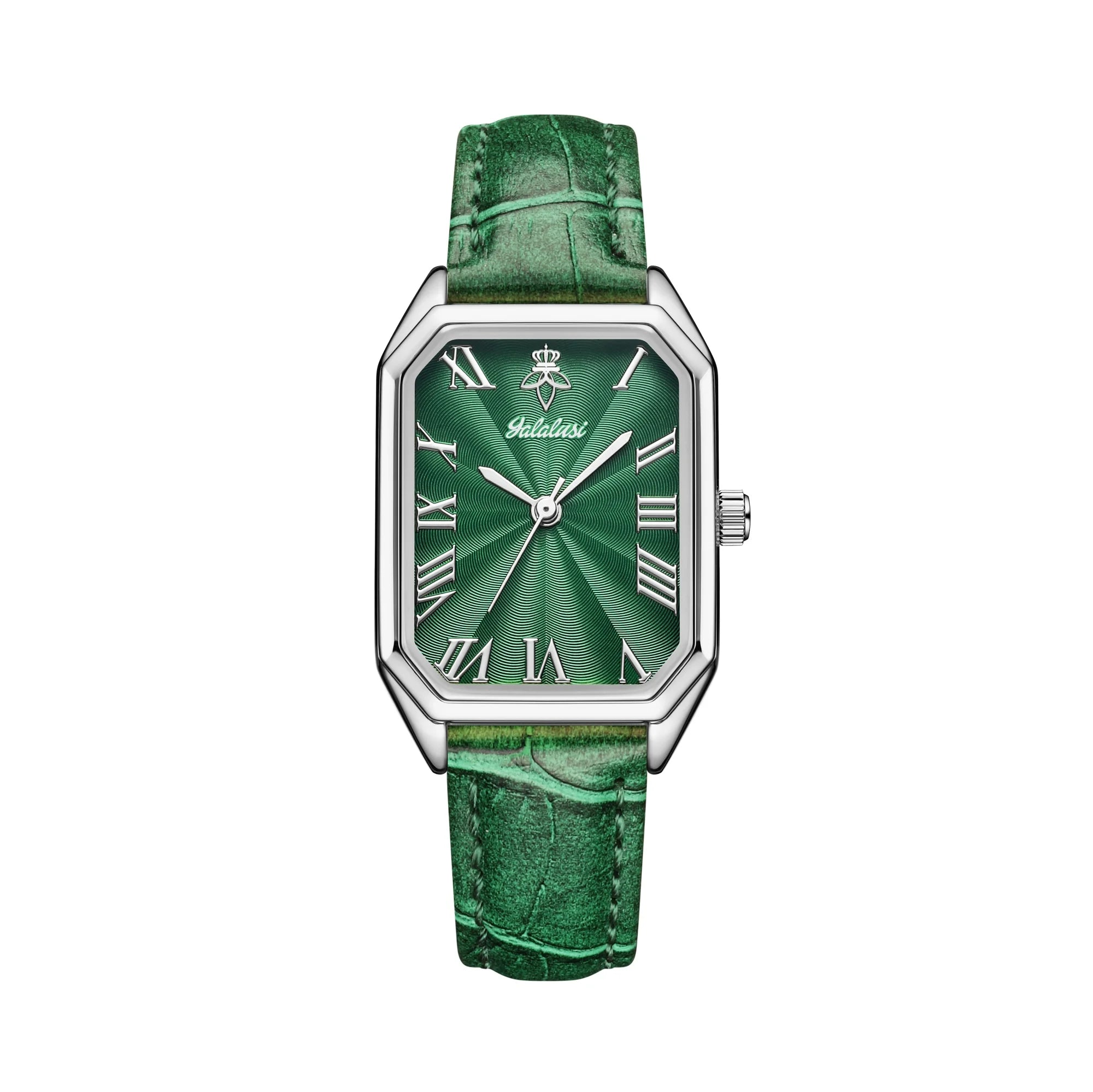 YaLaLuSi Vintage Gold Ladies Watch Irregular Octagon Rectangle Emerald Green Dial Croc Embossed Leather Band Elegant Roman Scale Quartz Wristwatch For Women