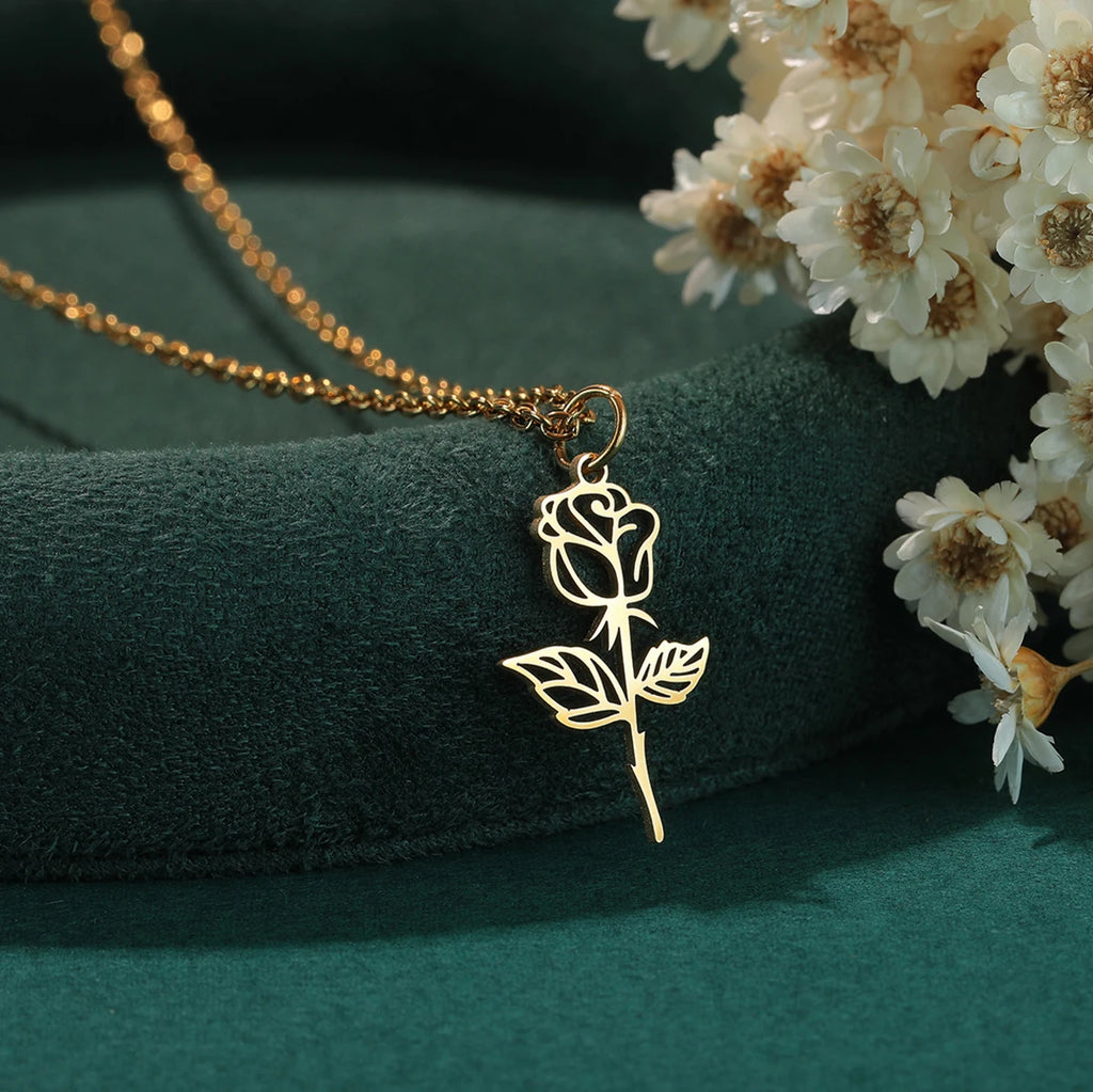 Kinitial Stainless Steel Necklace Flower Charms Chain Rose Flower Pendant Necklaces For Women Female Collares Gifts Para Mujer