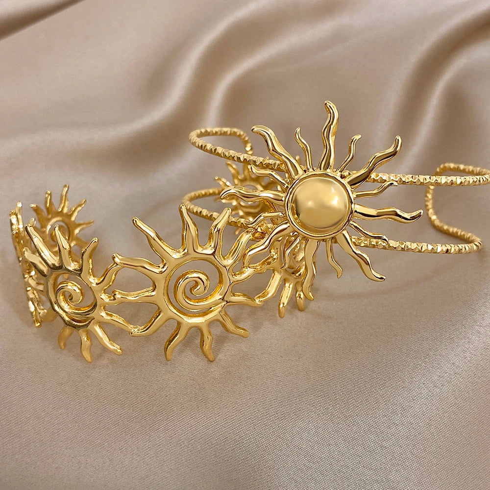 316L Stainless Steel Sunflower Open Cuff  Bangles Bracelet Y2K Gold Plated Waterproof Charms Jewelry Women's Men Gifts