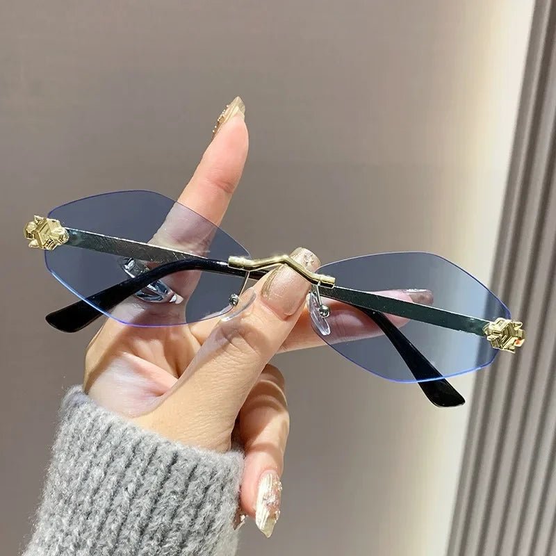 Trendy Rimless Polygonal Sunglasses Stylish Gradient Lens Metal Shades Eyewear
