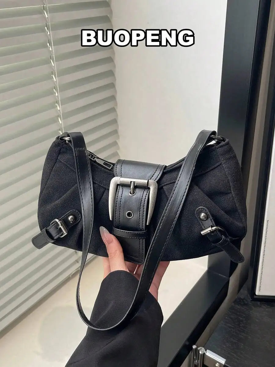 Vintage-Style Saddle Crossbody Bag with Buckle Detail, Soft Faux Leather, Adjustable Strap