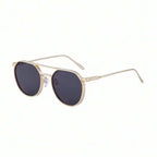 Retro Oval Metal Double Beam Pilot Sunglasses UV400 Black Lens For Men Women