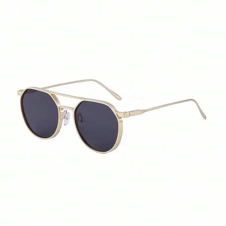 Retro Oval Metal Double Beam Pilot Sunglasses UV400 Black Lens For Men Women