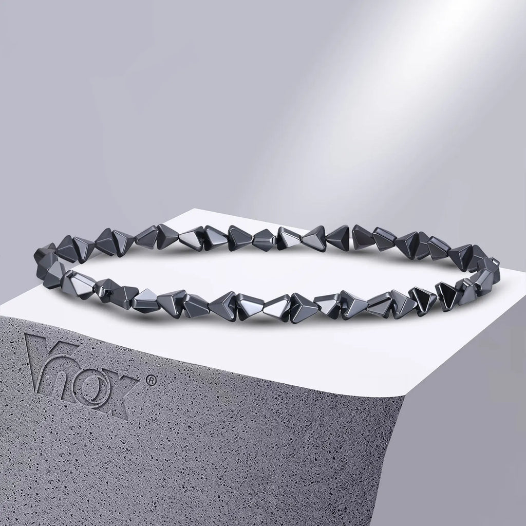 Vnox Stylish Black Triangle Beads Bracelets for Men Women Stretch Unisex Gallstone Handmade Hematite Wristband Jewelry