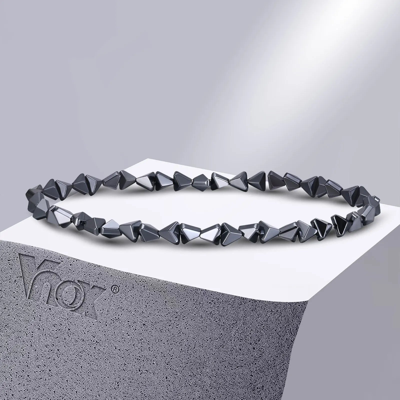 Vnox Stylish Black Triangle Beads Bracelets for Men Women Stretch Unisex Gallstone Handmade Hematite Wristband Jewelry