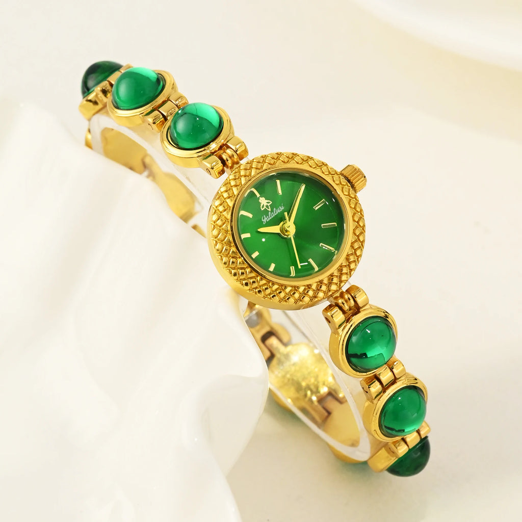 YaLaLuSi Vintage Gold  Green Women Watch  Inlaid Chain Bracelet Elegant Ladies Quartz  Wristwatch With Gift Box