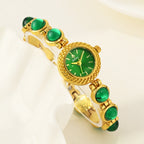 YaLaLuSi Vintage Gold  Green Women Watch  Inlaid Chain Bracelet Elegant Ladies Quartz  Wristwatch With Gift Box