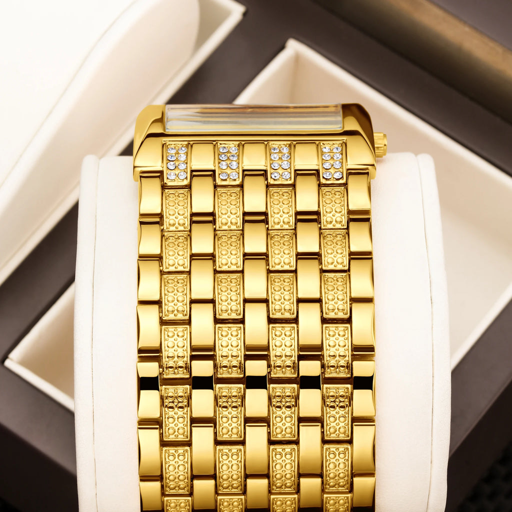 YaLaLuSi Full Rhinestone Square Ladies Watch Silver Metal Strap Gold Roman Dial Luxury Women Quartz Dress Watch