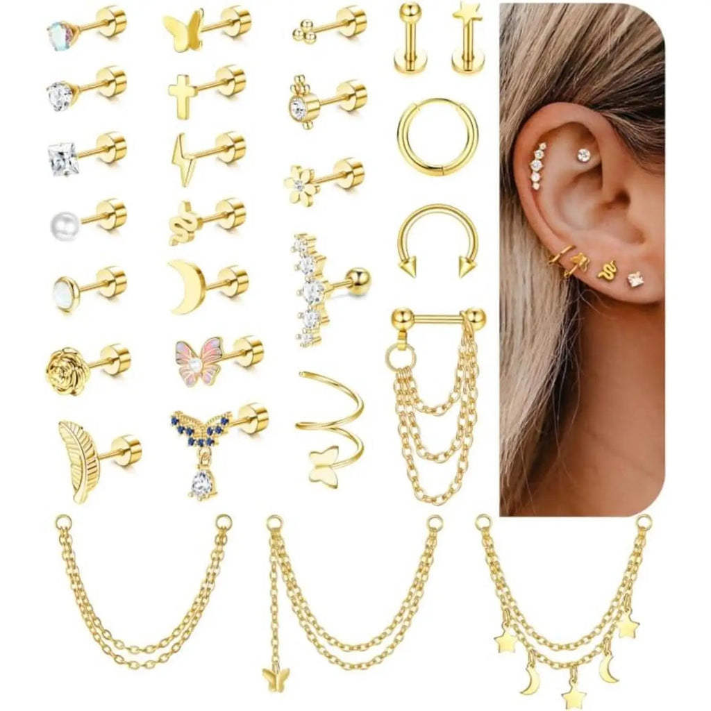 24Pcs 316L Surgical Steel Flat Back Earrings for Women Men Dangle Chain Stackable Cartilage Stud Helix Piercing Dainty Jewelry