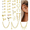 24Pcs 316L Surgical Steel Flat Back Earrings for Women Men Dangle Chain Stackable Cartilage Stud Helix Piercing Dainty Jewelry