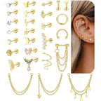 24Pcs 316L Surgical Steel Flat Back Earrings for Women Men Dangle Chain Stackable Cartilage Stud Helix Piercing Dainty Jewelry