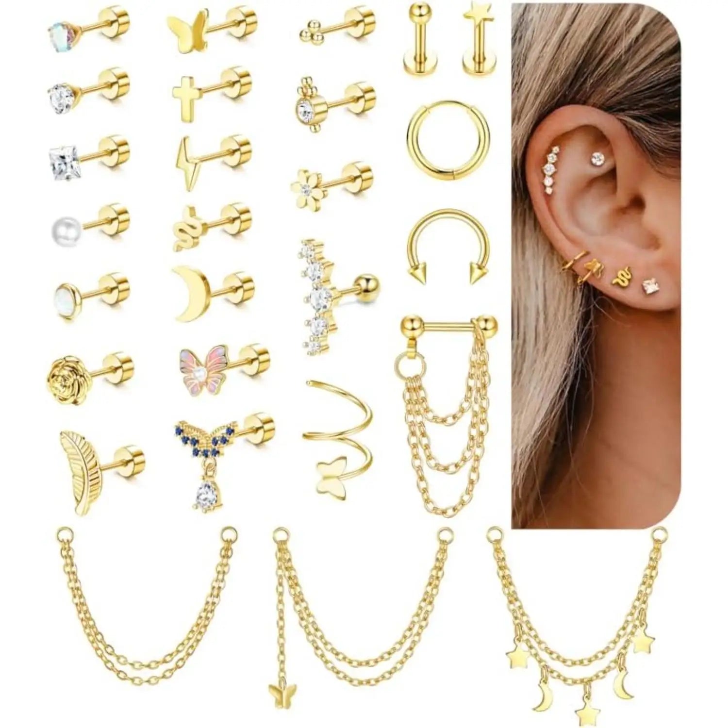 24Pcs 316L Surgical Steel Flat Back Earrings for Women Men Dangle Chain Stackable Cartilage Stud Helix Piercing Dainty Jewelry