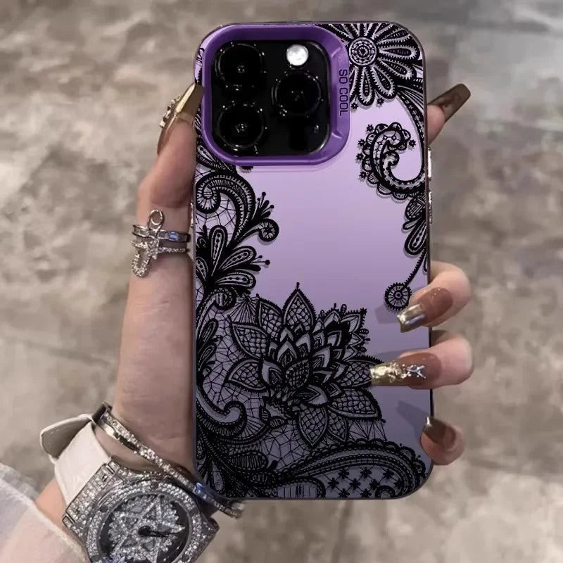 Black Lace Pattern INS Wind Phone Case for iPhone 17/16/15/14/13/12/11 Pro Max Plus Fashion Hard Case