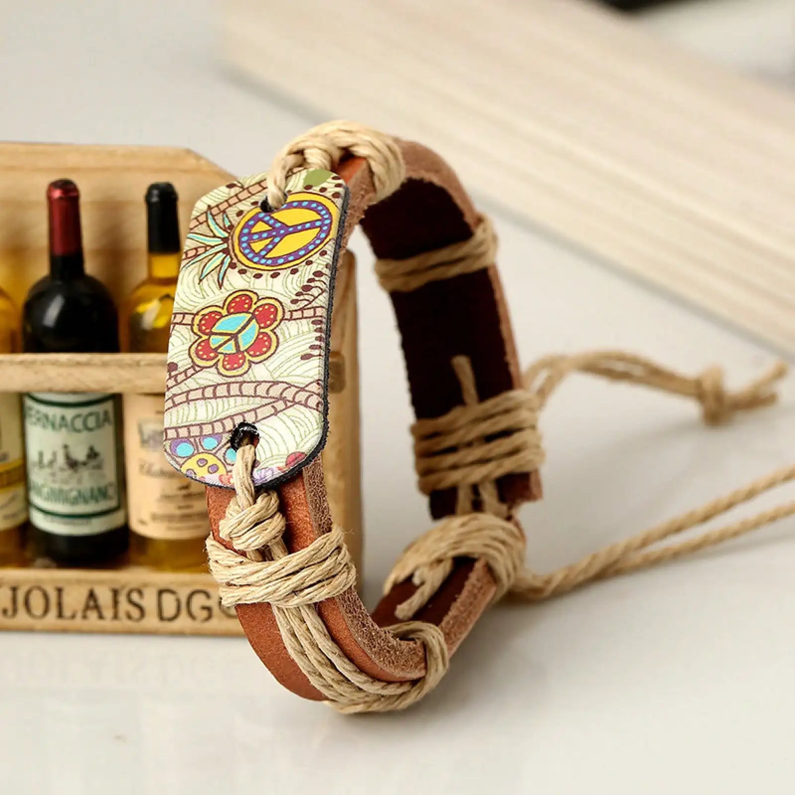 Vintage Style Hot Paint Peace Sign PU Leather Bracelet Woven Bracelet
